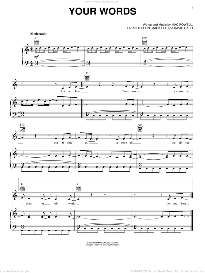 Your Words sheet music for voice, piano or guitar by Third Day, Mac Powell, Mark Lee and Tai Anderson, intermediate skill level