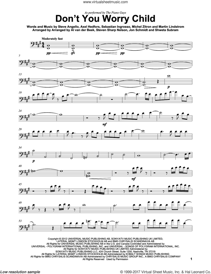 Don't You Worry Child sheet music for cello solo by The Piano Guys, Swedish House Mafia featuring John Martin, Axel Hedfors, Martin Lindstrom, Michel Zitron, Sebastian Ingrosso and Steve Angello, intermediate skill level