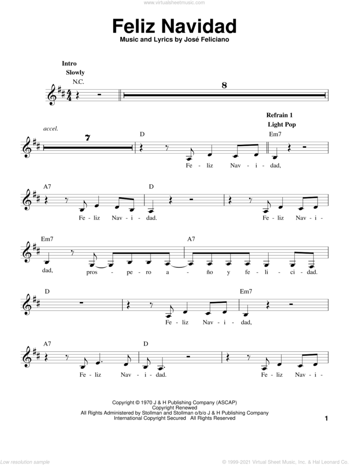 Feliz Navidad sheet music for voice solo by Jose Feliciano, intermediate skill level