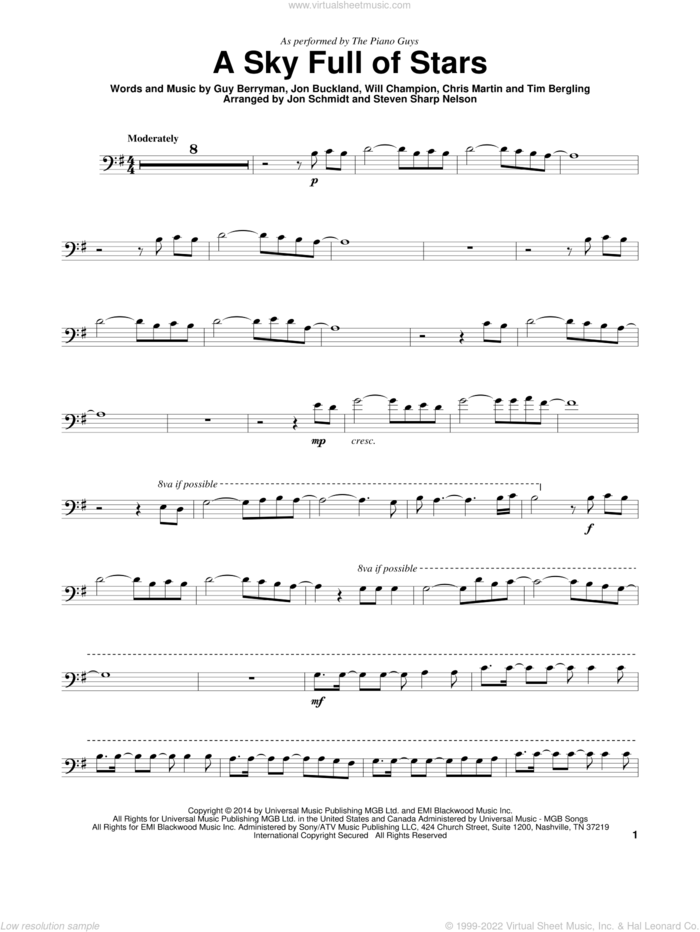 A Sky Full Of Stars sheet music for cello solo by The Piano Guys, Coldplay, Chris Martin, Guy Berryman, Jon Buckland, Tim Bergling and Will Champion, wedding score, intermediate skill level
