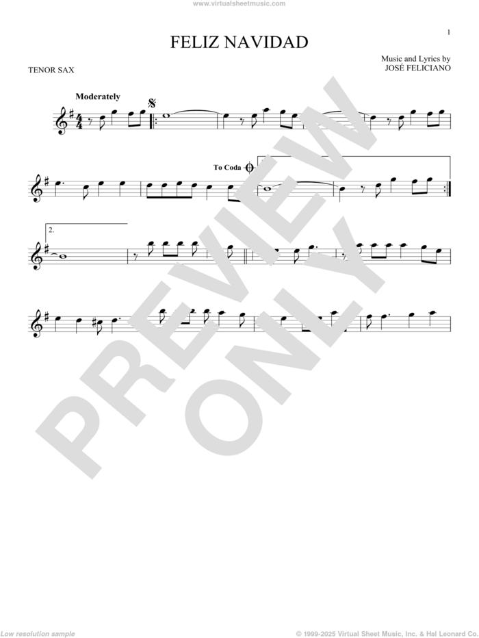 Feliz Navidad sheet music for tenor saxophone solo by Jose Feliciano, intermediate skill level