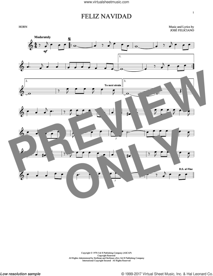 Feliz Navidad sheet music for horn solo by Jose Feliciano, intermediate skill level