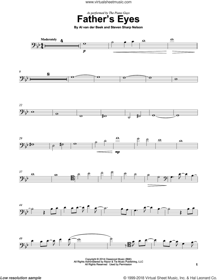 Father's Eyes sheet music for cello solo by The Piano Guys, Al van der Beek and Steven Sharp Nelson, intermediate skill level