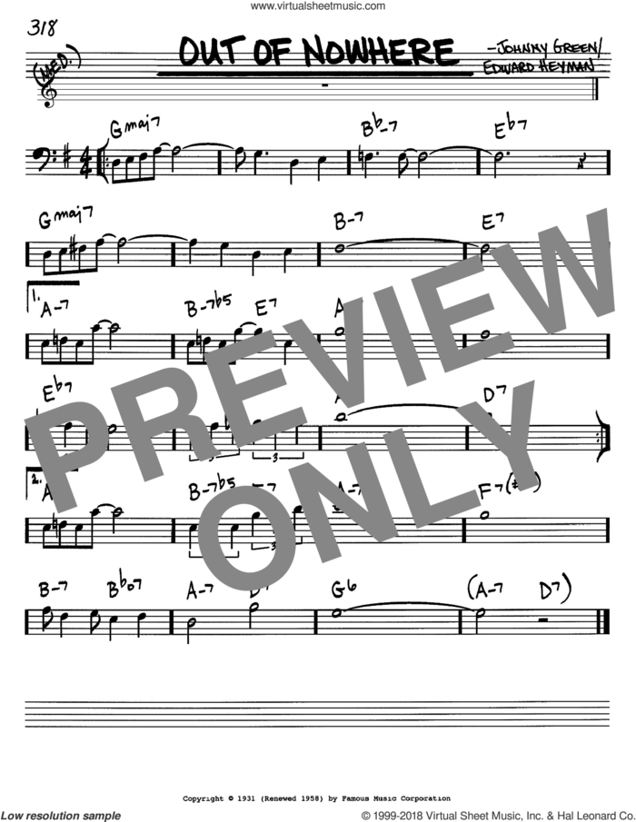 Out Of Nowhere sheet music for voice and other instruments (bass clef) by Edward Heyman and Johnny Green, intermediate skill level