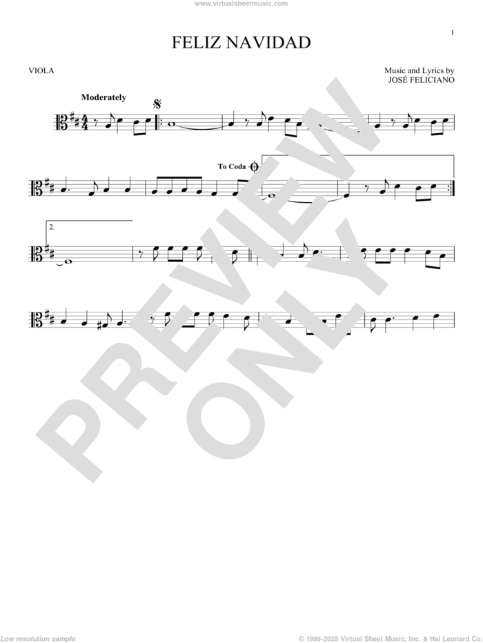 Feliz Navidad sheet music for viola solo by Jose Feliciano, intermediate skill level