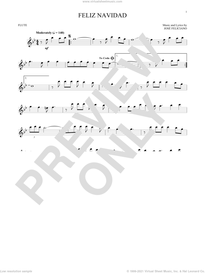 Feliz Navidad sheet music for flute solo by Jose Feliciano, intermediate skill level