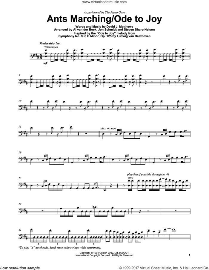 Ants Marching/Ode To Joy sheet music for cello solo by The Piano Guys, Dave Matthews Band and Ludwig van Beethoven, classical score, intermediate skill level