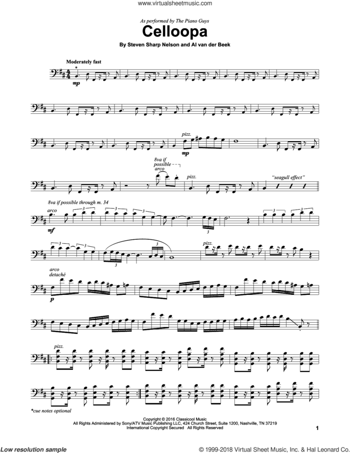 Celloopa sheet music for cello solo by The Piano Guys, Al van der Beek and Steven Sharp Nelson, intermediate skill level