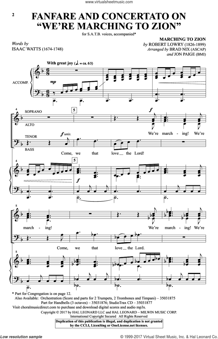 Fanfare And Concertato On 'We're Marching To Zion' sheet music for choir (SATB: soprano, alto, tenor, bass) by Isaac Watts, Brad Nix, Jon Paige and Robert Lowry, intermediate skill level