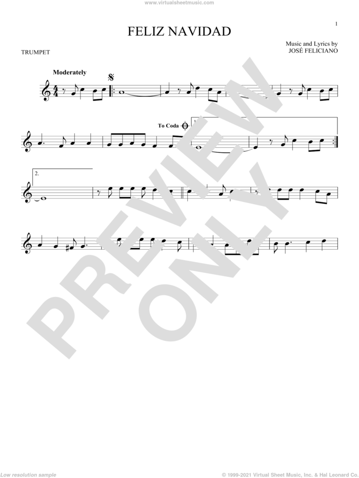 Feliz Navidad sheet music for trumpet solo by Jose Feliciano, intermediate skill level