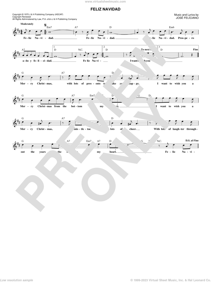 Feliz Navidad sheet music for voice and other instruments (fake book) by Jose Feliciano, intermediate skill level