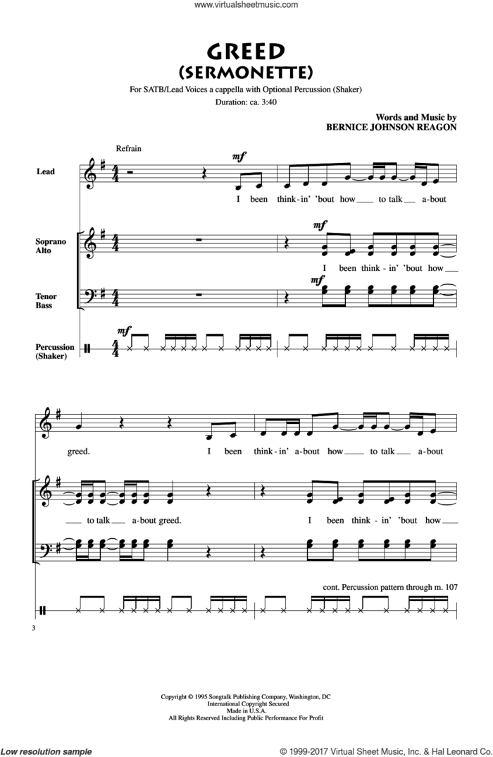 Greed sheet music for choir by Bernice Johnson Reagon, intermediate skill level