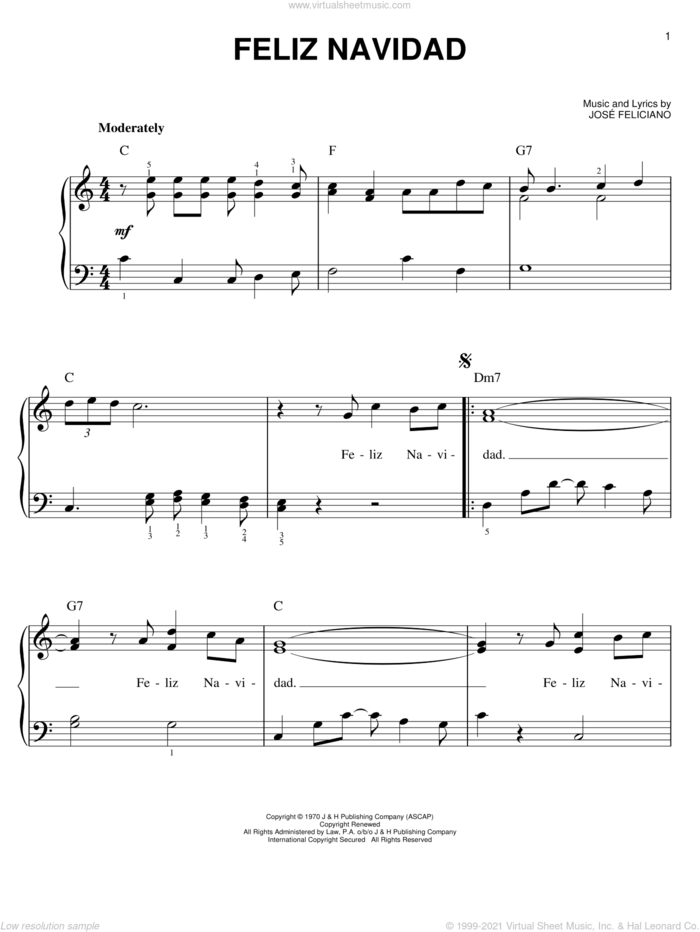Feliz Navidad, (easy) sheet music for piano solo by Jose Feliciano and Michael Buble, easy skill level