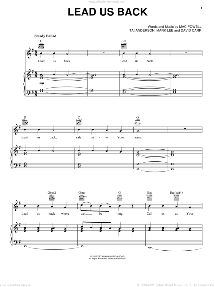 Lead Us Back sheet music for voice, piano or guitar by Third Day, David Carr, Mac Powell and Tai Anderson, intermediate skill level