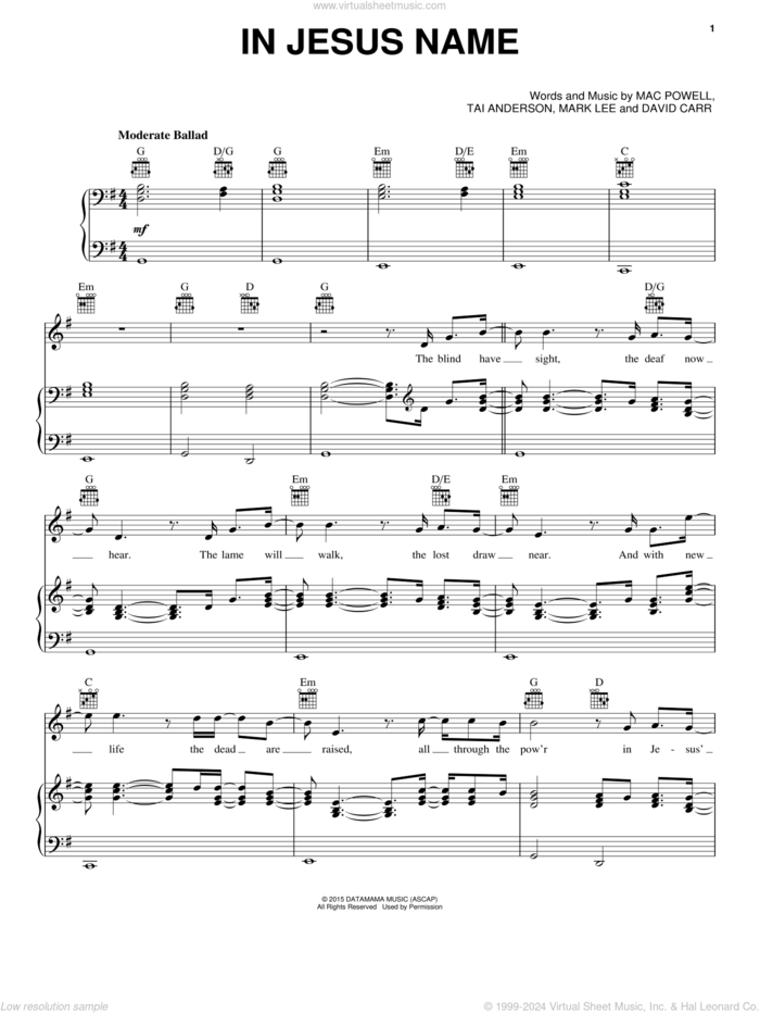 In Jesus Name sheet music for voice, piano or guitar by Third Day, Mac Powell, Mark Lee and Tai Anderson, intermediate skill level