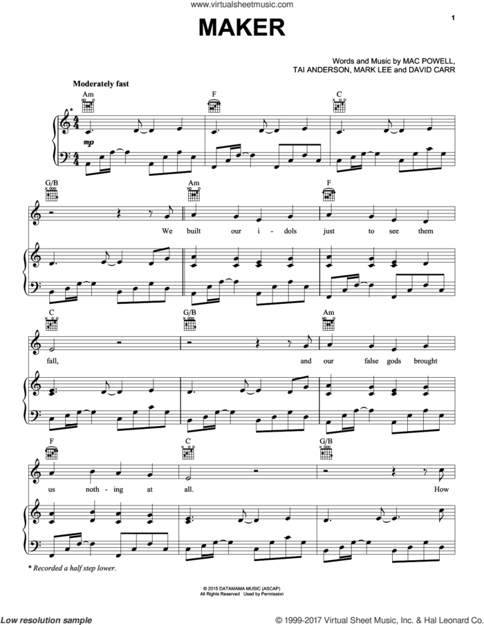 Maker sheet music for voice, piano or guitar by Third Day, David Carr, Mark Lee and Tai Anderson, intermediate skill level