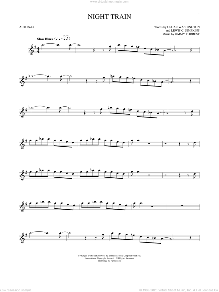 Night Train sheet music for alto saxophone solo by Jimmy Forrest, Buddy Morrlow, Lewis C. Simpkins and Oscar Washington, intermediate skill level