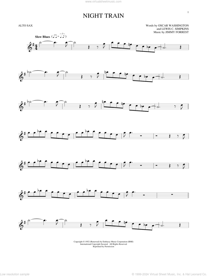 Night Train sheet music for alto saxophone solo by Jimmy Forrest, Buddy Morrlow, Lewis C. Simpkins and Oscar Washington, intermediate skill level