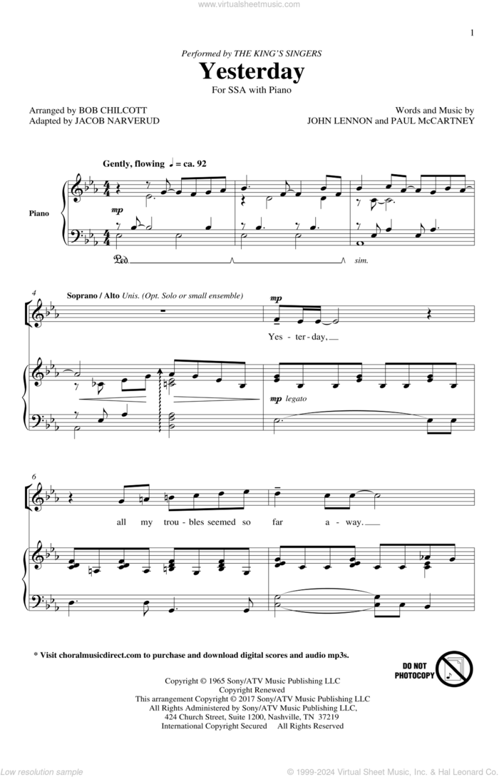 Yesterday (arr. Jacob Narverud) sheet music for choir (SSA: soprano, alto) by Paul McCartney, Bob Chilcott, Jacob Narverud, The Beatles and John Lennon, intermediate skill level