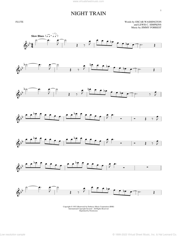 Night Train sheet music for flute solo by Jimmy Forrest, Buddy Morrlow, Lewis C. Simpkins and Oscar Washington, intermediate skill level