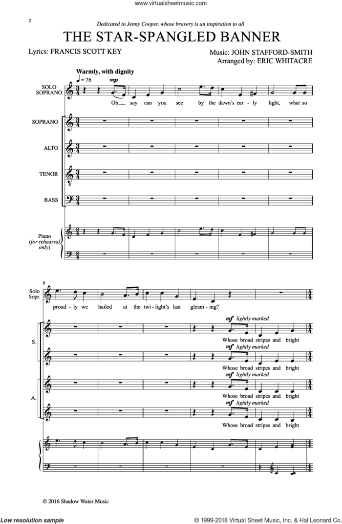 The Star-Spangled Banner sheet music for choir (SATB: soprano, alto, tenor, bass) by Eric Whitacre, intermediate skill level