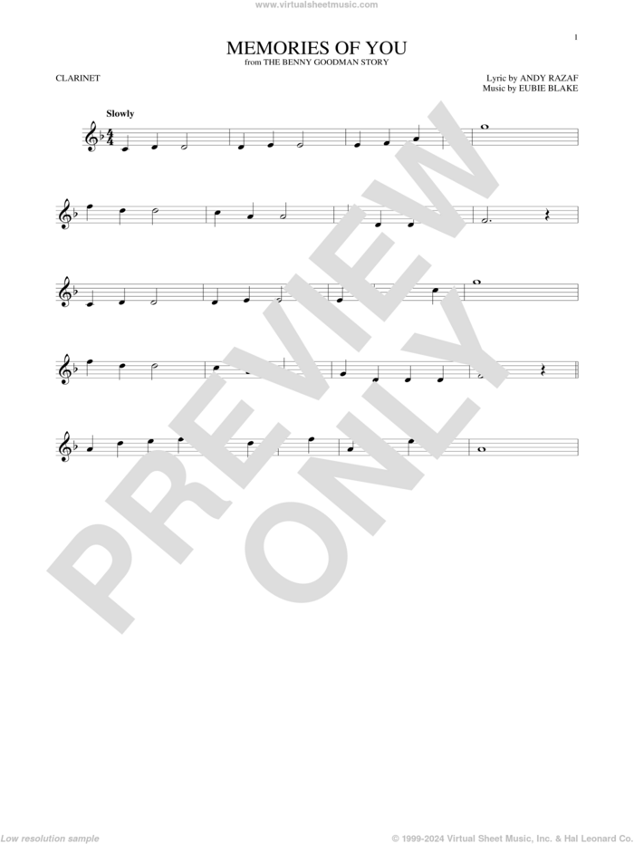 Memories Of You sheet music for clarinet solo by Andy Razaf and Eubie Blake, intermediate skill level