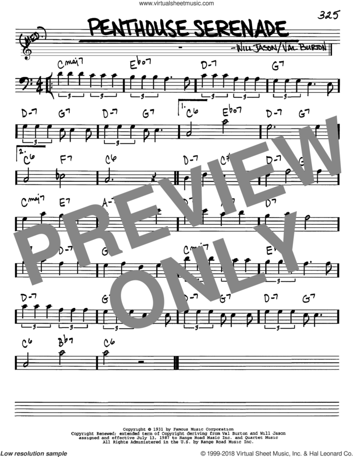 Penthouse Serenade sheet music for voice and other instruments (bass clef) by Nat King Cole, Val Burton and Will Jason, intermediate skill level