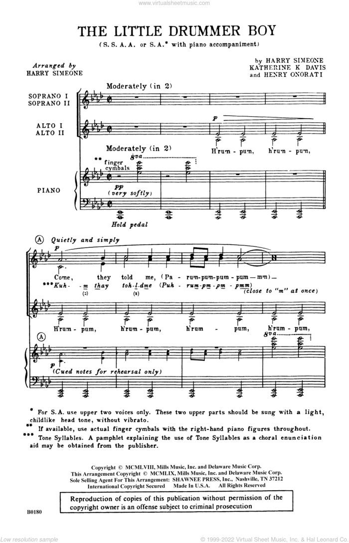 The Little Drummer Boy sheet music for choir (SSA: soprano, alto) by Katherine Davis, Harry Simeone and Henry Onorati, intermediate skill level
