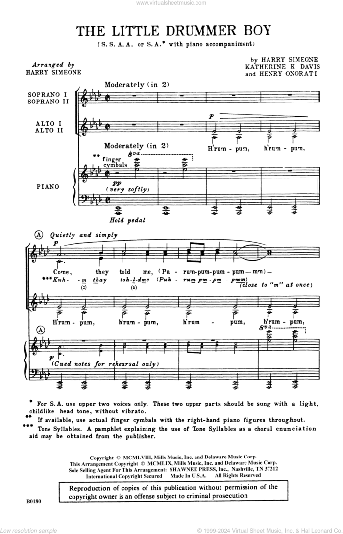 The Little Drummer Boy sheet music for choir (SSA: soprano, alto) by Katherine Davis, Harry Simeone and Henry Onorati, intermediate skill level