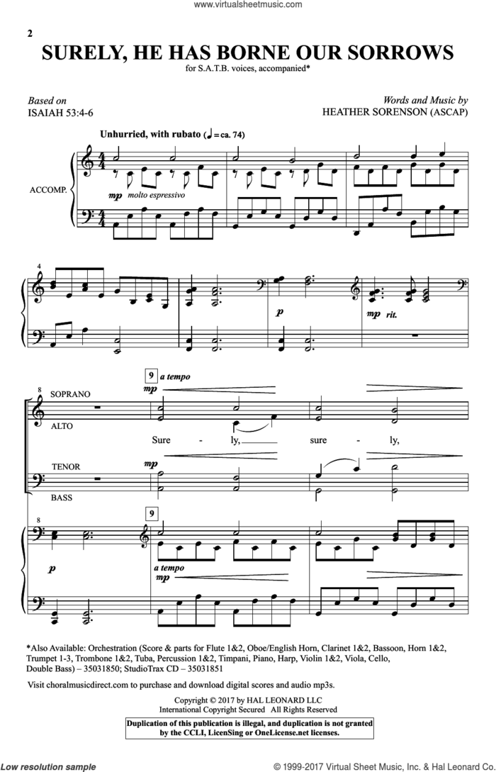 Surely, He Has Borne Our Sorrows sheet music for choir (SATB: soprano, alto, tenor, bass) by Heather Sorenson and Isaiah 53:4-6, intermediate skill level