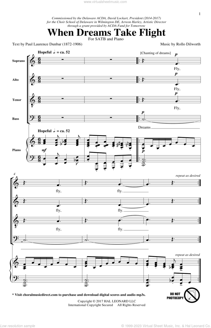 When Dreams Take Flight sheet music for choir (SATB: soprano, alto, tenor, bass) by Rollo Dilworth and Paul Laurence Dunbar, intermediate skill level