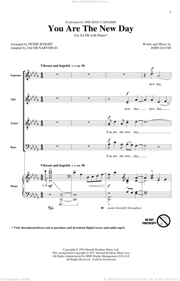 You Are The New Day (adapt. Jacob Narverud) sheet music for choir (SATB: soprano, alto, tenor, bass) by Jacob Narverud and John David, intermediate skill level