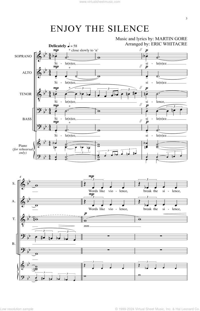 Enjoy The Silence sheet music for choir (SATB: soprano, alto, tenor, bass) by Eric Whitacre, Depeche Mode, Lacuna Coil and Martin Gore, intermediate skill level