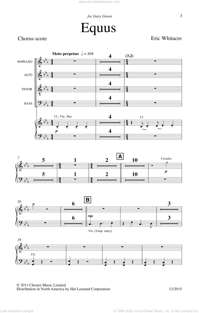 Equus sheet music for choir (SATB: soprano, alto, tenor, bass) by Eric Whitacre, intermediate skill level