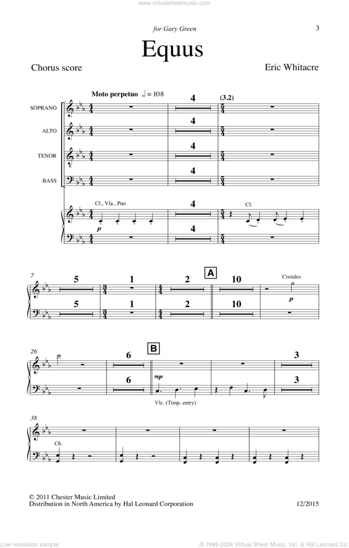 Equus sheet music for choir (SATB: soprano, alto, tenor, bass) by Eric Whitacre, intermediate skill level