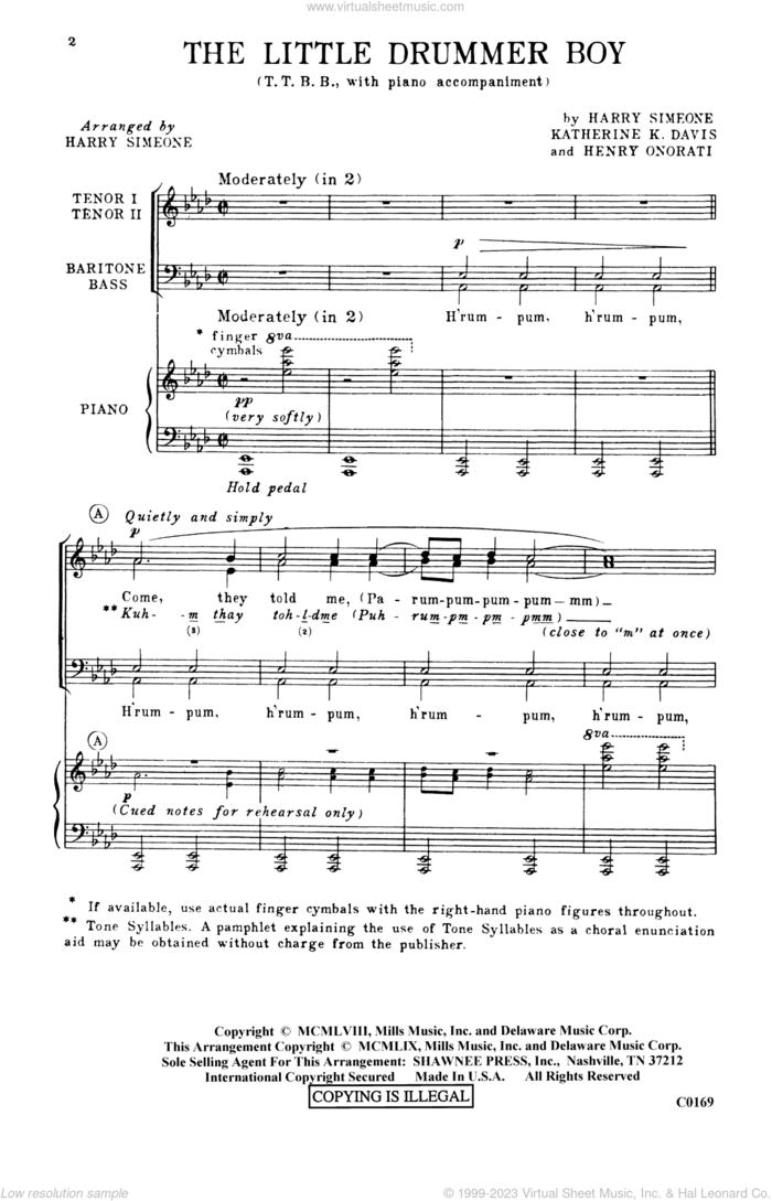 The Little Drummer Boy sheet music for choir (TTBB: tenor, bass) by Katherine Davis, Harry Simeone and Henry Onorati, intermediate skill level