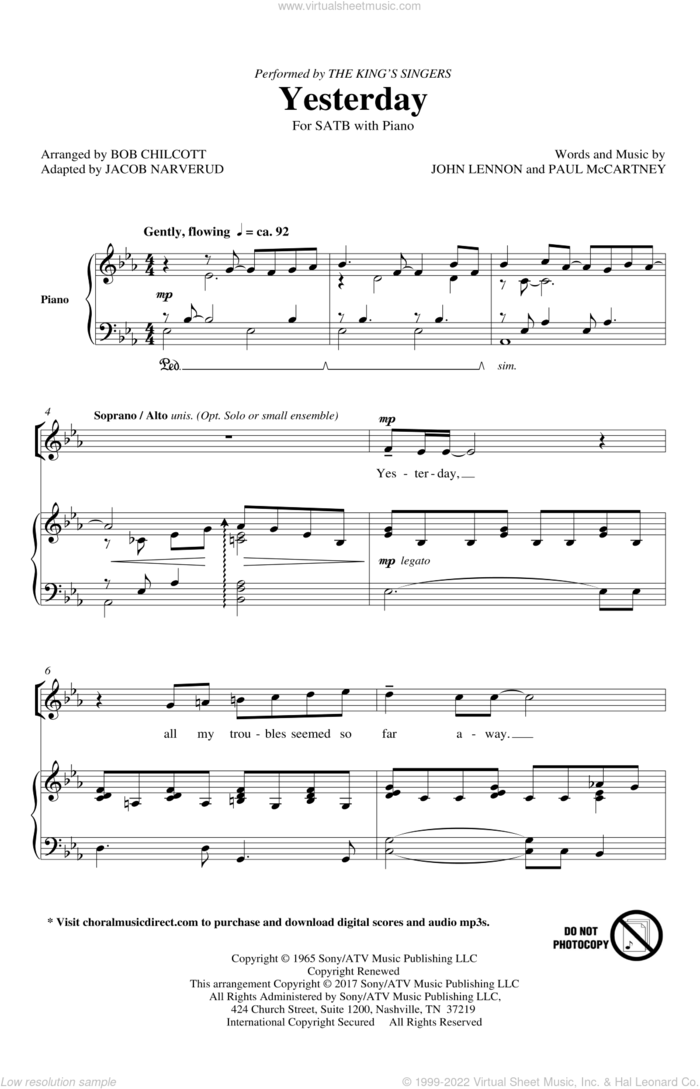Yesterday (arr. Jacob Narverud) sheet music for choir (SATB: soprano, alto, tenor, bass) by Paul McCartney, Bob Chilcott, Jacob Narverud, The Beatles and John Lennon, intermediate skill level