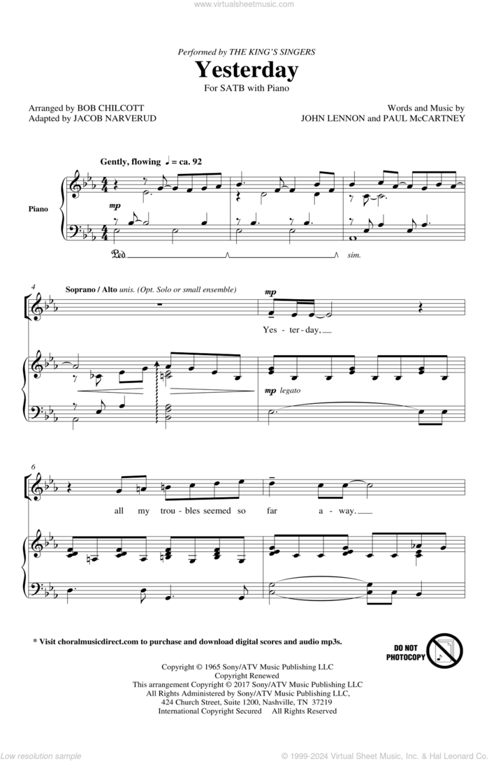 Yesterday (arr. Jacob Narverud) sheet music for choir (SATB: soprano, alto, tenor, bass) by Paul McCartney, Bob Chilcott, Jacob Narverud, The Beatles and John Lennon, intermediate skill level