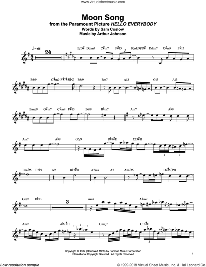 Moon Song sheet music for clarinet solo (transcription) by Buddy DeFranco, Arthur Johnson and Sam Coslow, intermediate clarinet (transcription)