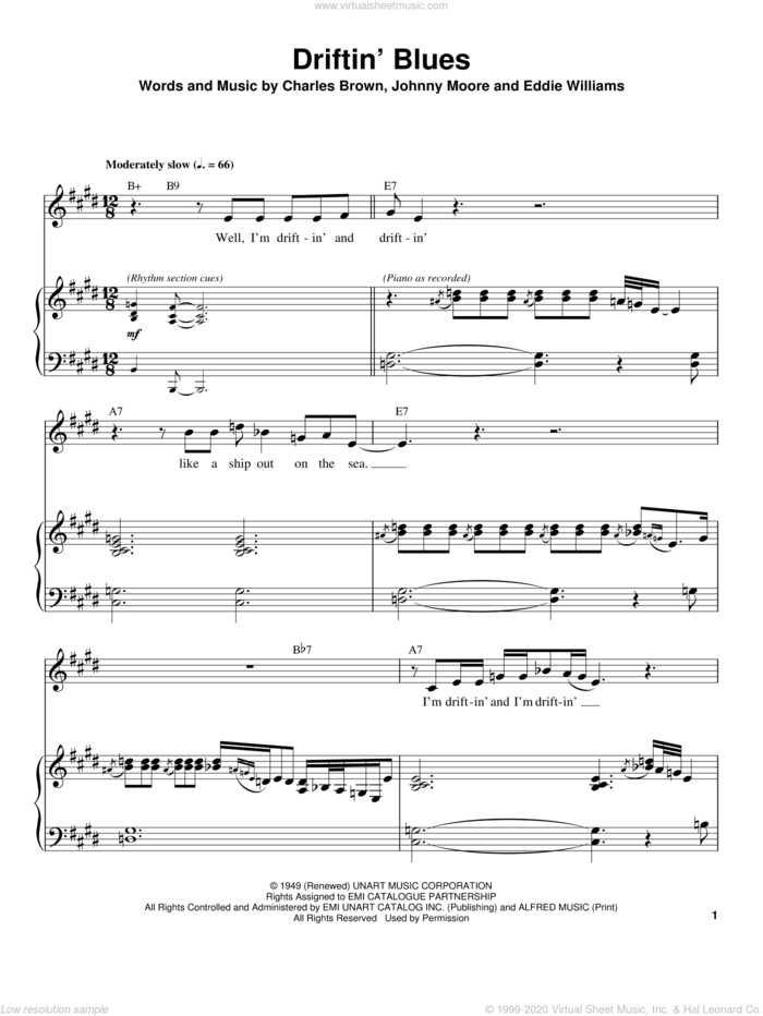 Driftin' Blues sheet music for piano solo (transcription) by Eric Clapton, Charles Brown, Eddie Williams and Johnny Moore, intermediate piano (transcription)