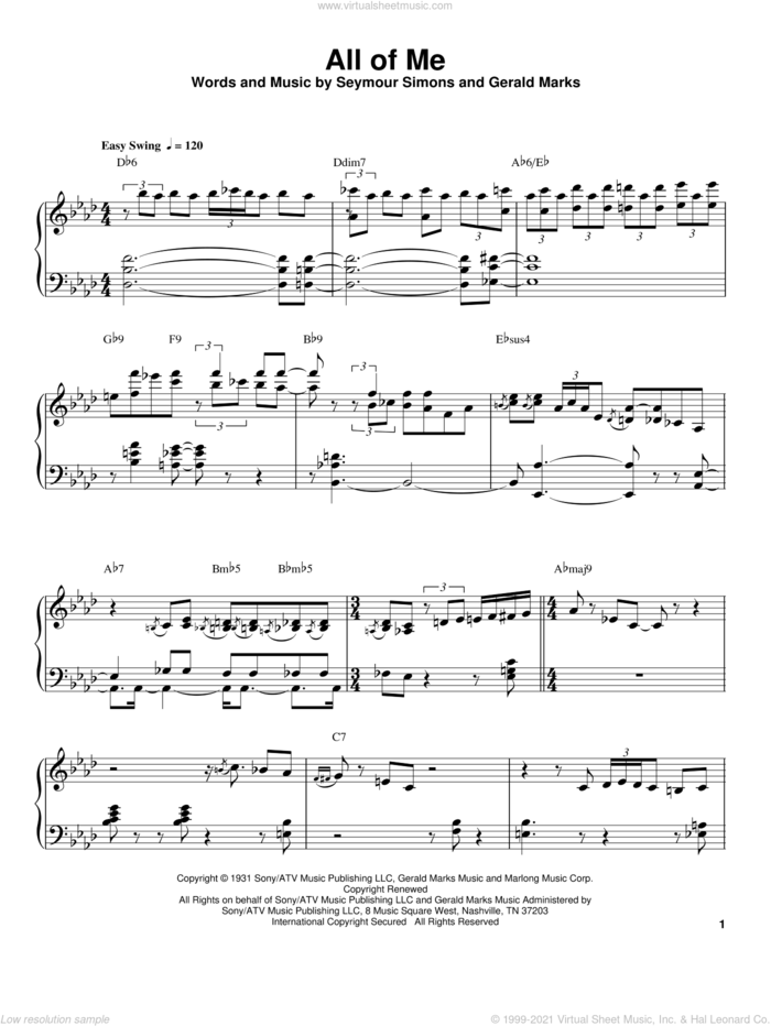 All Of Me sheet music for piano solo (transcription) by Oscar Peterson, Gerald Marks and Seymour Simons, intermediate piano (transcription)