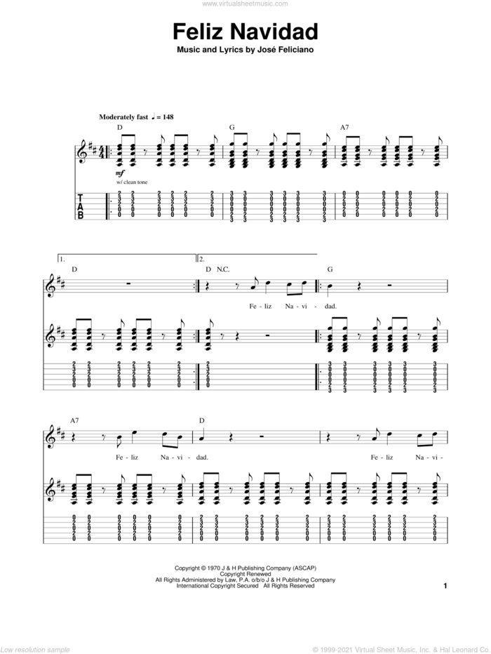 Feliz Navidad sheet music for guitar (tablature, play-along) by Jose Feliciano, intermediate skill level