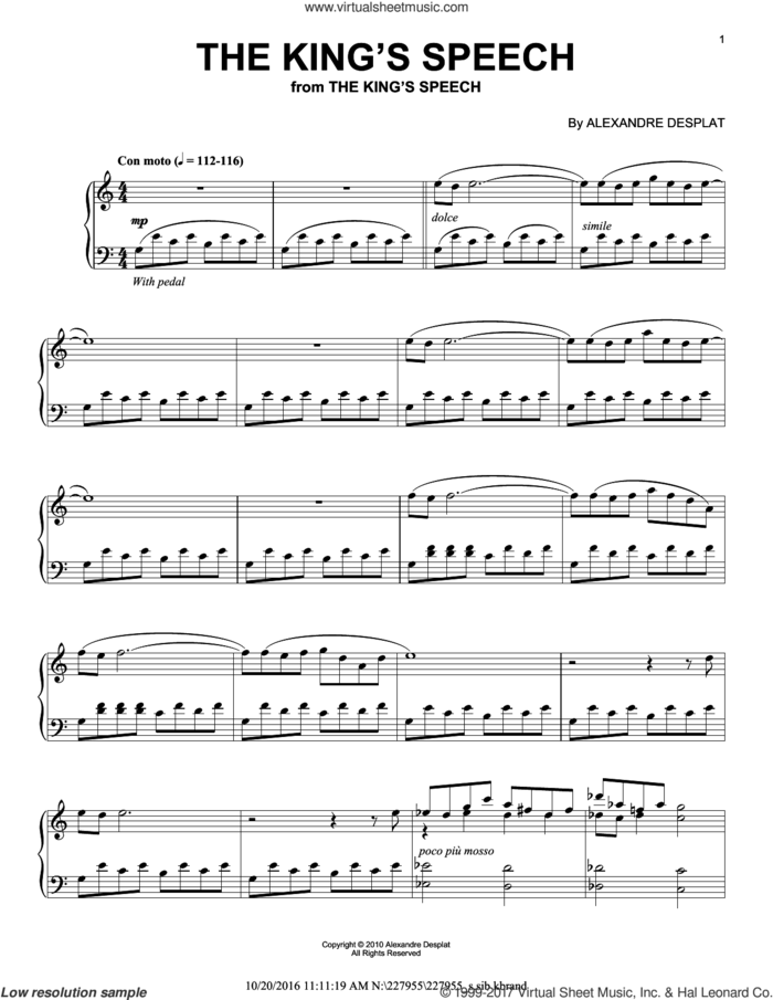 The King's Speech sheet music for piano solo by Alexandre Desplat, intermediate skill level