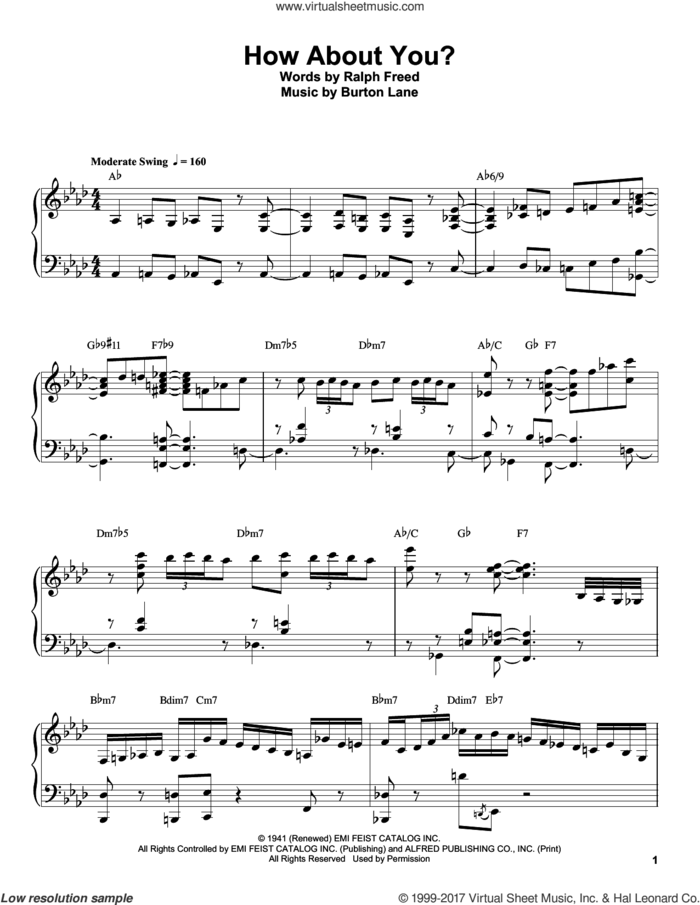 How About You? sheet music for piano solo (transcription) by Oscar Peterson, Burton Lane and Ralph Freed, intermediate piano (transcription)