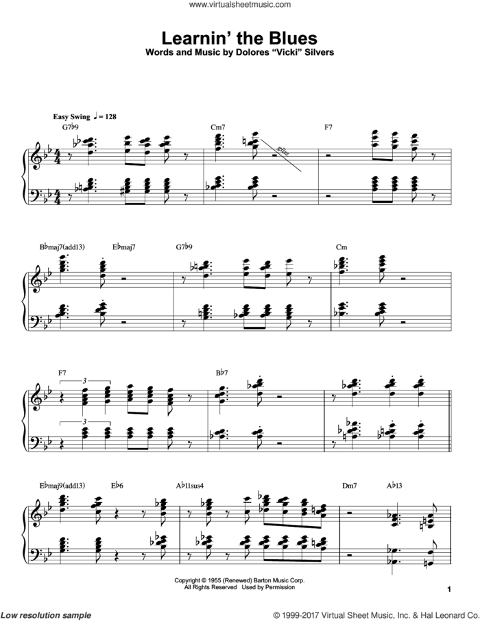 Learnin' The Blues sheet music for piano solo (transcription) by Oscar Peterson, Rosemary Clooney and Dolores Vicki Silvers, intermediate piano (transcription)