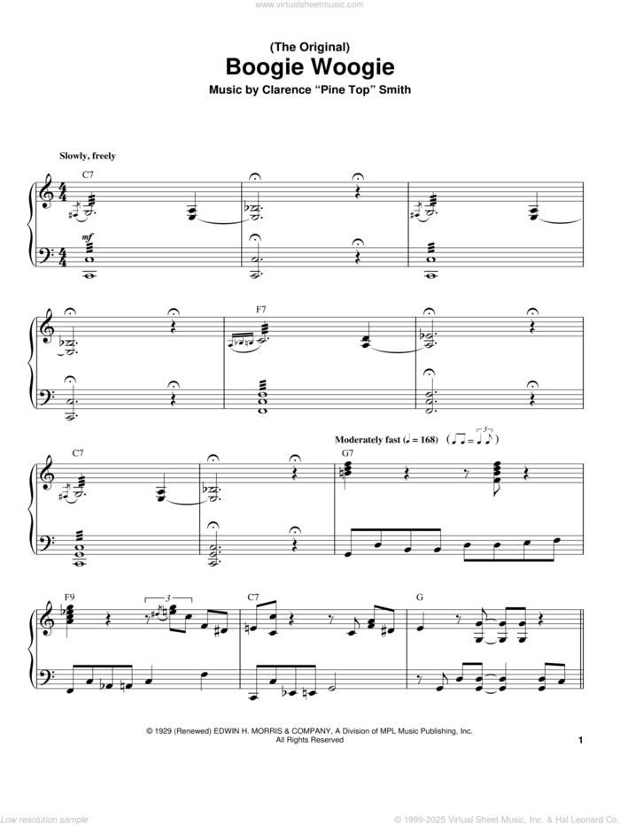 (The Original) Boogie Woogie sheet music for piano solo (transcription) by Clarence 'Pine Top' Smith, intermediate piano (transcription)