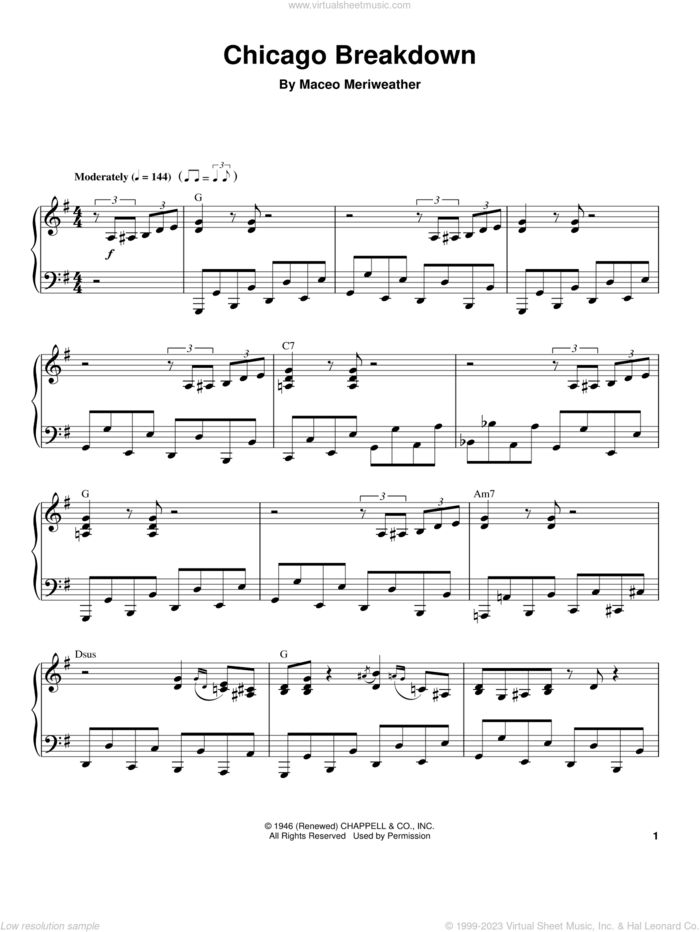 Chicago Breakdown sheet music for piano solo (transcription) by Maceo Meriweather, intermediate piano (transcription)