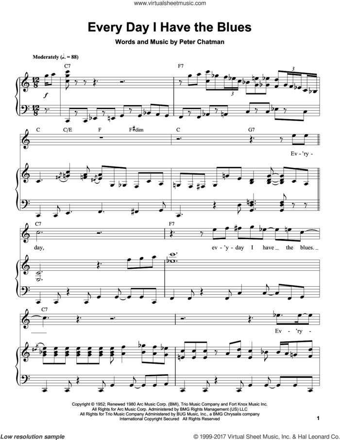 Every Day I Have The Blues sheet music for piano solo (transcription) by B.B. King and Peter Chatman, intermediate piano (transcription)