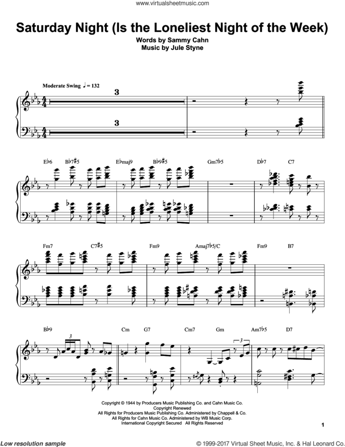 Saturday Night (Is The Loneliest Night Of The Week) sheet music for piano solo (transcription) by Oscar Peterson, Jule Styne and Sammy Cahn, intermediate piano (transcription)