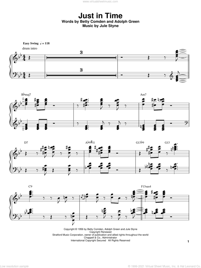 Just In Time sheet music for piano solo (transcription) by Oscar Peterson, Adolph Green, Betty Comden and Jule Styne, intermediate piano (transcription)